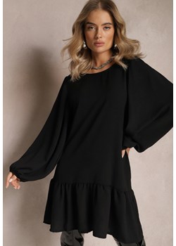 Czarna Sukienka Mini o Trapezowym Kroju z Falbankami i Bufiastymi Rękawami Cordole ze sklepu Renee odzież w kategorii Sukienki - zdjęcie 165356508