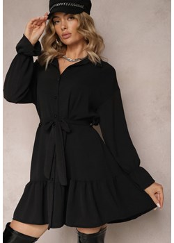 Czarna Koszulowa Sukienka Mini z Falbanką i Wiązanym Paskiem Blisotta ze sklepu Renee odzież w kategorii Sukienki - zdjęcie 165356518