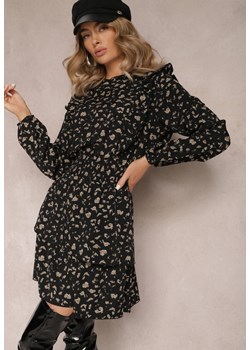 Czarna Taliowana Sukienka Mini o Rozkloszowanym Fasonie w Drobny Print Ancolina ze sklepu Renee odzież w kategorii Sukienki - zdjęcie 165356578