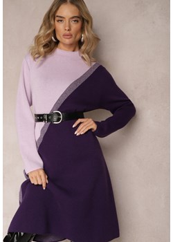 Fioletowa Trapezowa Sukienka ze Sweterkowej Dzianiny z Półgolfem Dellfina ze sklepu Renee odzież w kategorii Sukienki - zdjęcie 165356588