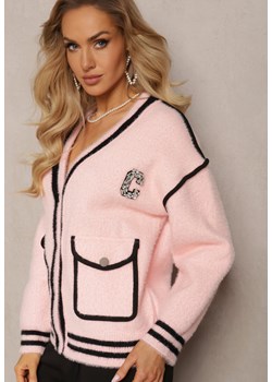 Różowy Zapinany Kardigan z Wiskozy z Naszywką w Cyrkonie Eldarin ze sklepu Renee odzież w kategorii Swetry damskie - zdjęcie 165378458