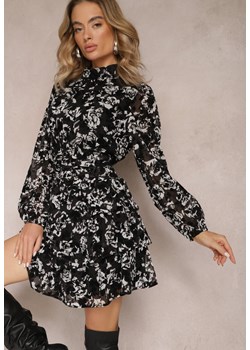 Czarna Taliowana Sukienka Mini w Kwiaty z Falbankami Viventi ze sklepu Renee odzież w kategorii Sukienki - zdjęcie 165389329