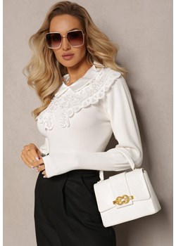 Biały Sweter z Ażurowym Kołnierzem w Perły Divarae ze sklepu Renee odzież w kategorii Swetry damskie - zdjęcie 165389339