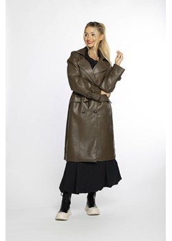 Dwurzędowy klasyczny płaszcz damski ze skóry ekologicznej Ann Gissy camel (AG6-30) ze sklepu goodlookin.pl w kategorii Płaszcze damskie - zdjęcie 165393988