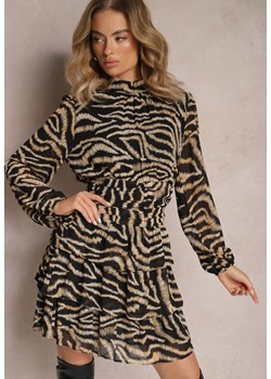 Czarna Rozkloszowana Sukienka Mini z Tygrysim Printem z Falbankami i Stójką Syrena ze sklepu Renee odzież w kategorii Sukienki - zdjęcie 165420225