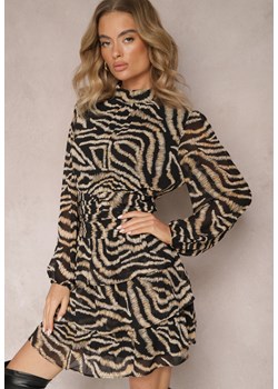 Czarna Rozkloszowana Sukienka Mini z Tygrysim Printem z Falbankami i Stójką Syrena ze sklepu Renee odzież w kategorii Sukienki - zdjęcie 165420226