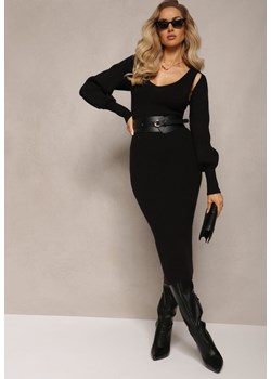 Czarna Sukienka Midi z Prążkowanego Materiału z Bolerkiem i Bufiastymi Rękawami Divanoir ze sklepu Renee odzież w kategorii Sukienki - zdjęcie 165423985