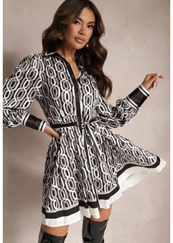 Czarno-Biała Koszulowa Sukienka Mini o Rozkloszowanym Kroju z Paskiem Launge ze sklepu Renee odzież w kategorii Sukienki - zdjęcie 165444405