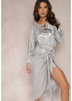 Srebrna Metaliczna Sukienka Asymetryczna z Wiązaniem Bellita ze sklepu Renee odzież w kategorii Sukienki - zdjęcie 165444475
