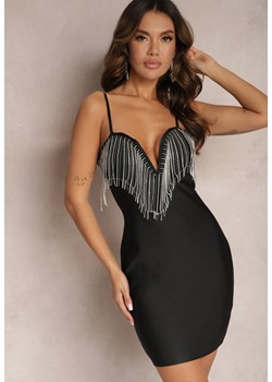 Czarna Sukienka Mini na Ramiączkach z Frędzlami w Cyrkonie Latona ze sklepu Renee odzież w kategorii Sukienki - zdjęcie 165512279