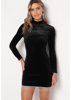 Czarna Welurowa Sukienka Mini z Frędzlami w Cyrkonie Finkara ze sklepu Born2be Odzież w kategorii Sukienki - zdjęcie 165512317