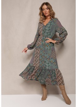Ciemnozielona Sukienka Midi z Gumką w Talii i Falbanką Besslia ze sklepu Renee odzież w kategorii Sukienki - zdjęcie 165518098