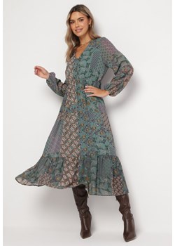 Ciemnozielona Rozkloszowana Sukienka Midi z Falbanką Caprina ze sklepu Born2be Odzież w kategorii Sukienki - zdjęcie 165590185