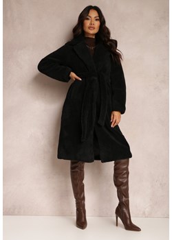 Czarny Płaszcz Futrzany z Wiązanym Paskiem Nasava ze sklepu Renee odzież w kategorii Płaszcze damskie - zdjęcie 165590236