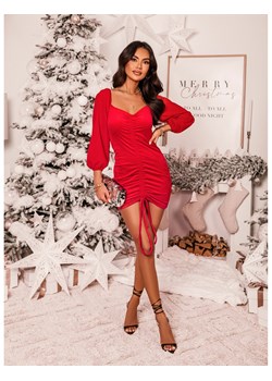 Welurowa sukienka z tiulowy rękawem - SIMONE - czerwona ze sklepu magmac.pl w kategorii Sukienki - zdjęcie 165652546