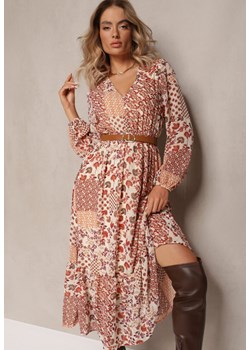 Beżowo-Różowa Sukienka Midi z Gumką w Talii i Falbanką Besslia ze sklepu Renee odzież w kategorii Sukienki - zdjęcie 165668269