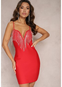 Czerwona Sukienka Mini na Ramiączkach z Frędzlami w Cyrkonie Latona ze sklepu Renee odzież w kategorii Sukienki - zdjęcie 165668319