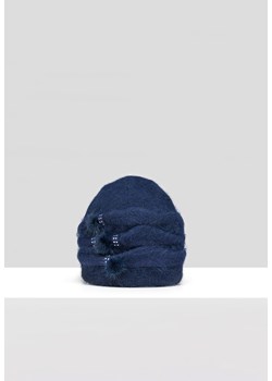 Granatowa dzianinowa czapka z naturalnym włosiem ze sklepu Molton w kategorii Czapki zimowe damskie - zdjęcie 165687095