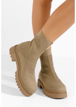 Khaki botki płaskie z elastyczną cholewką Maleina ze sklepu Zapatos w kategorii Botki - zdjęcie 165710835