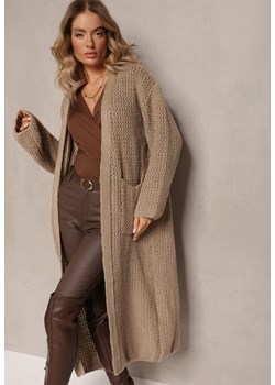 Ciemnobeżowy Długi Kardigan z Miękkiej Włóczki z Kieszeniami Sarelia ze sklepu Renee odzież w kategorii Swetry damskie - zdjęcie 165741968