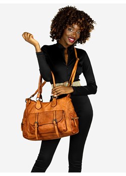 Pojemna torba damska na ramię z kieszeniami skóra naturalna - MARCO MAZZINI brąz camel ze sklepu Verostilo w kategorii Torby Shopper bag - zdjęcie 165744517