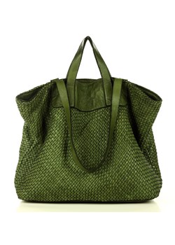 Torba damska pleciona shopper & shoulder leather bag - MARCO MAZZINI zielony militare ze sklepu Verostilo w kategorii Torby Shopper bag - zdjęcie 165745619