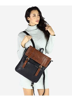 Plecak skórzany damski A4 z kieszenią - MARCO MAZZINI czarny z brąz koniak ze sklepu Verostilo w kategorii Plecaki - zdjęcie 165747258