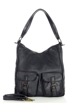 Torebka skórzana na ramię z kieszonkami safari leather bag - MARCO MAZZINI czarny ze sklepu Verostilo w kategorii Torby Shopper bag - zdjęcie 165748047
