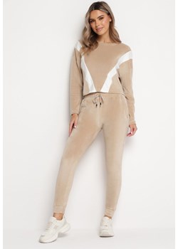 Beżowy Welurowy Komplet Dresowy z Bluzą i Spodniami Bellanna ze sklepu Born2be Odzież w kategorii Dresy damskie - zdjęcie 165786508