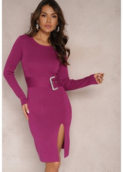 Fioletowa Sweterkowa Sukienka Mini z Ozdobnym Paskiem i Rozcięciem Helinor ze sklepu Renee odzież w kategorii Sukienki - zdjęcie 165809445