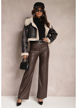 Brązowe Szerokie Spodnie High Waist z Imitacji Skóry Curbelo ze sklepu Renee odzież w kategorii Spodnie damskie - zdjęcie 165809465
