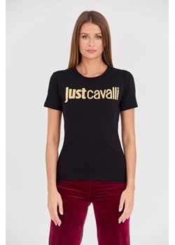 JUST CAVALLI Czarny t-shirt Logo Gold, Wybierz rozmiar XL ze sklepu outfit.pl w kategorii Bluzki damskie - zdjęcie 165811165