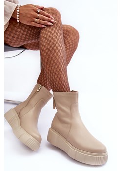 Botki Damskie Skóra Platforma Beżowe Lemar Jenefer 60369 ze sklepu ZAZOO w kategorii Botki - zdjęcie 165820526