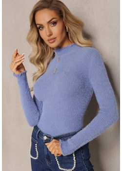 Niebieski Futerkowy Sweter z Wełny z Półgolfem i Ozdobnymi Guzikami Zekluna ze sklepu Renee odzież w kategorii Swetry damskie - zdjęcie 165987729