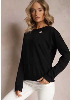 Czarna Bluza Crewneck z Bawełny z Błyszczącą Broszką Clotina ze sklepu Renee odzież w kategorii Bluzy damskie - zdjęcie 165987929