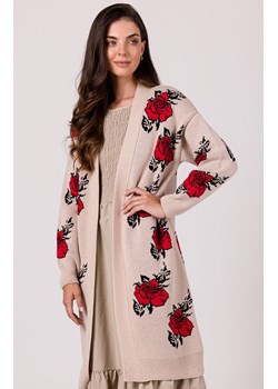 Długi kardigan w róże beżowy BK102, Kolor beżowy-wzór, Rozmiar uniwersalny, BeWear ze sklepu Primodo w kategorii Swetry damskie - zdjęcie 166008767