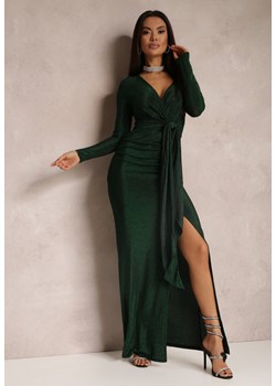 Zielona Sukienka z Kopertowym Dekoltem Błyszcząca z Marszczeniem Umoria ze sklepu Renee odzież w kategorii Sukienki - zdjęcie 166010646