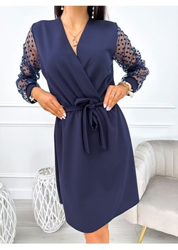 Granatowa Sukienka z Ozdobnym Rękawem ze sklepu ModnaKiecka.pl w kategorii Sukienki - zdjęcie 166026629