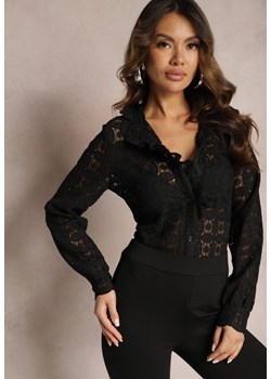 Czarna Koszula z Ażurową Koronką i Stójką Bellady ze sklepu Renee odzież w kategorii Koszule damskie - zdjęcie 166060206