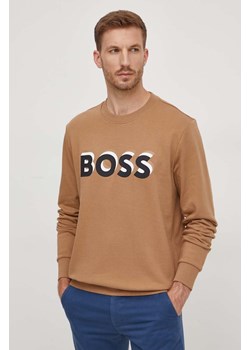 BOSS bluza bawełniana męska kolor beżowy z nadrukiem ze sklepu ANSWEAR.com w kategorii Bluzy męskie - zdjęcie 166073976