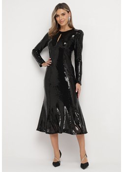 Czarna Taliowana Sukienka Midi w Cekiny z Falbanką Elegira ze sklepu Born2be Odzież w kategorii Sukienki - zdjęcie 166092266