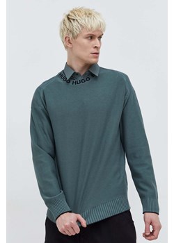 HUGO sweter bawełniany męski kolor zielony lekki ze sklepu ANSWEAR.com w kategorii Swetry męskie - zdjęcie 166092649