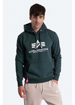 Alpha Industries bluza Basic Hoody męska kolor zielony z kapturem z nadrukiem 178312.610 ze sklepu ANSWEAR.com w kategorii Bluzy męskie - zdjęcie 166113327