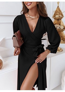 Czarna sukienka midi z rozcięciem i wiązaniem Karin - czarny ze sklepu pakuten.pl w kategorii Sukienki - zdjęcie 166143759