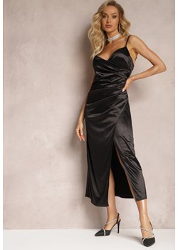 Czarna Sukienka Midi na Ramiączkach z Marszczeniem Rolina ze sklepu Renee odzież w kategorii Sukienki - zdjęcie 166145556