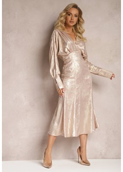 Beżowa Sukienka Midi z Gumką w Pasie i Rękawami Nietoperz Botella ze sklepu Renee odzież w kategorii Sukienki - zdjęcie 166145575