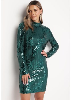 Zielona Dopasowana Sukienka Mini w Cekiny z Golfem Pesara ze sklepu Born2be Odzież w kategorii Sukienki - zdjęcie 166146078