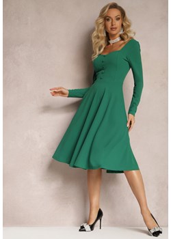 Zielona Rozkloszowana Sukienka Midi z Guzikami i Głębokim Dekoltem Salaria ze sklepu Renee odzież w kategorii Sukienki - zdjęcie 166164459