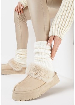Beżowe Kapcie na Platformie z Imitacji Zamszu z Futerkiem Portora ze sklepu born2be.pl w kategorii Śniegowce damskie - zdjęcie 166207725