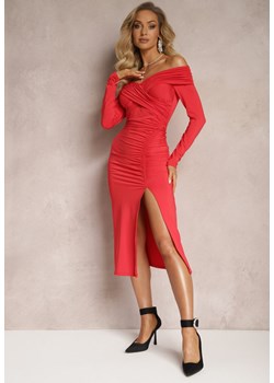Czerwona Marszczona Sukienka Midi Dopasowana Dolnas ze sklepu Renee odzież w kategorii Sukienki - zdjęcie 166208035